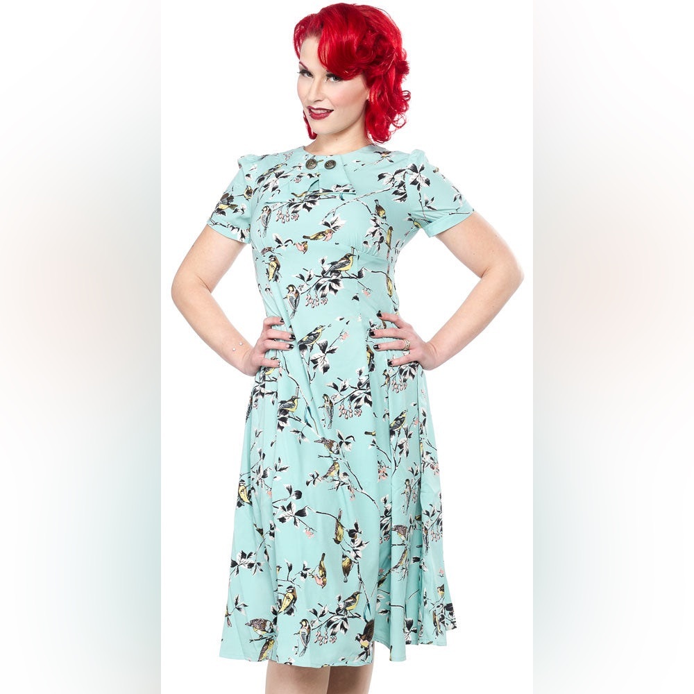 Sz Large HELL BUNNY Vixen Teal Bird Dress Vintage Retro